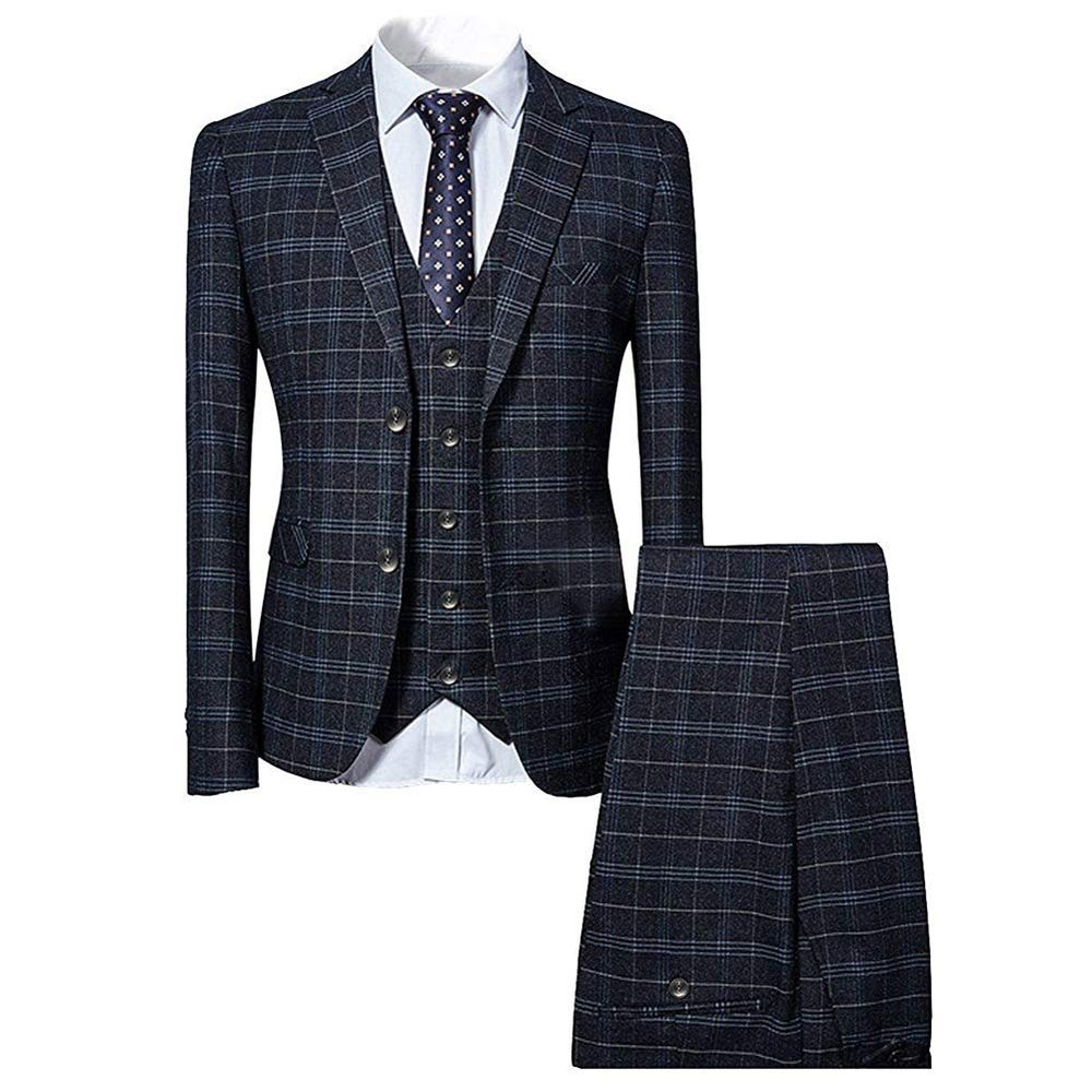 Cloudstyle Mens 3 Piece Slim fit Checked Suit Blue/Black Single Breasted Vintage Suits