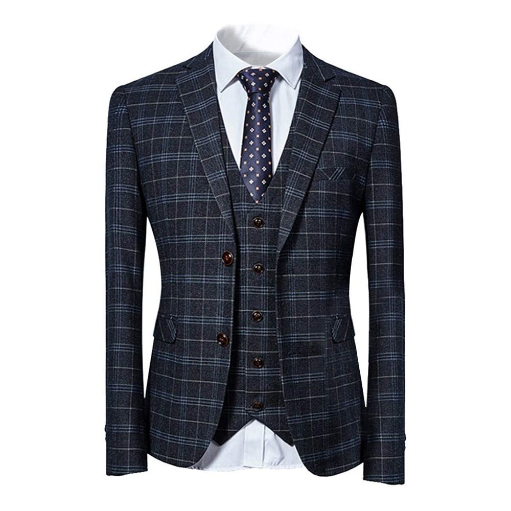 Cloudstyle Mens 3 Piece Slim fit Checked Suit Blue/Black Single Breasted Vintage Suits