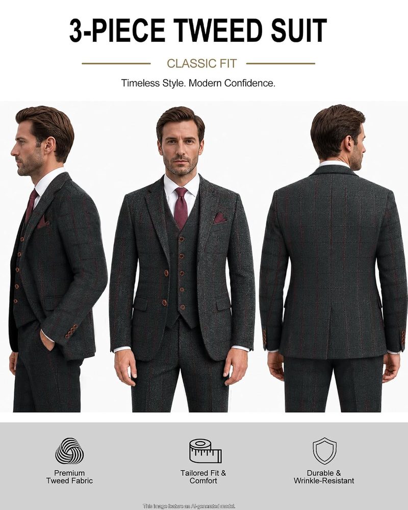 Wemaliyzd Men's Tweed 3 Piece Suit, Herringbone Plaid Vest Pants