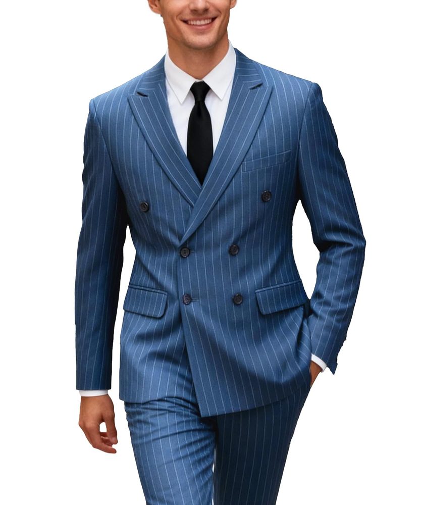 UNINUKOO Men's Suits 2 Piece Pinstripe Double Breasted Tuxedo Suit for Men Slim Fit Formal Dress Blazer Jacket Pants