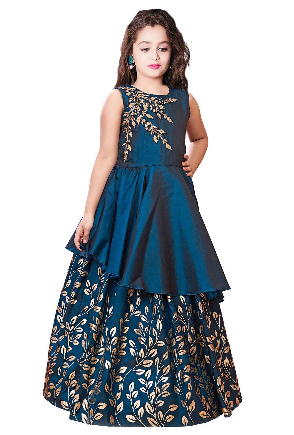 White Button Teal Girls Party Wear Dress