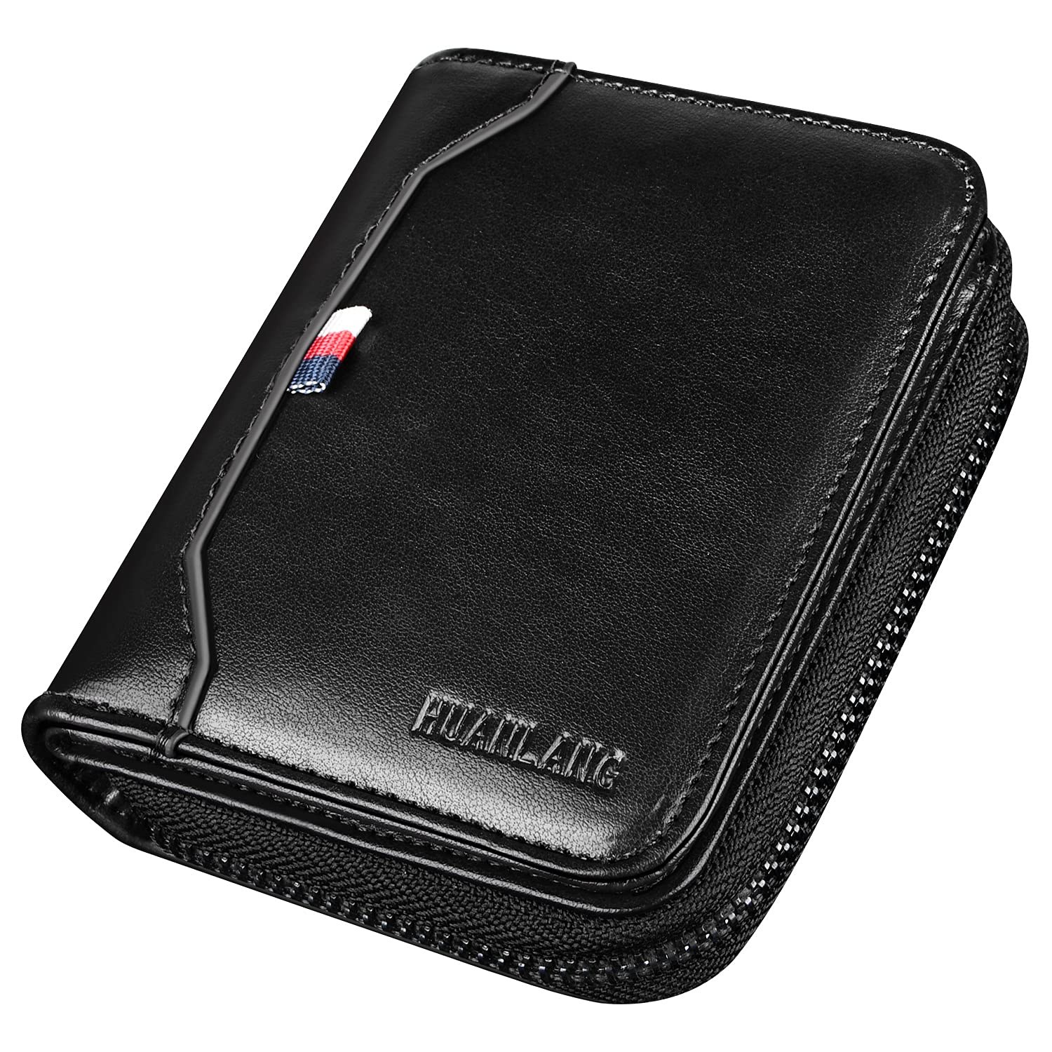HUANLANG Men's RFID Blocking Leather Bifold Wallet, Black, 19 Card Slots, Zipper, Multi-Card Holder, Men's Wallet