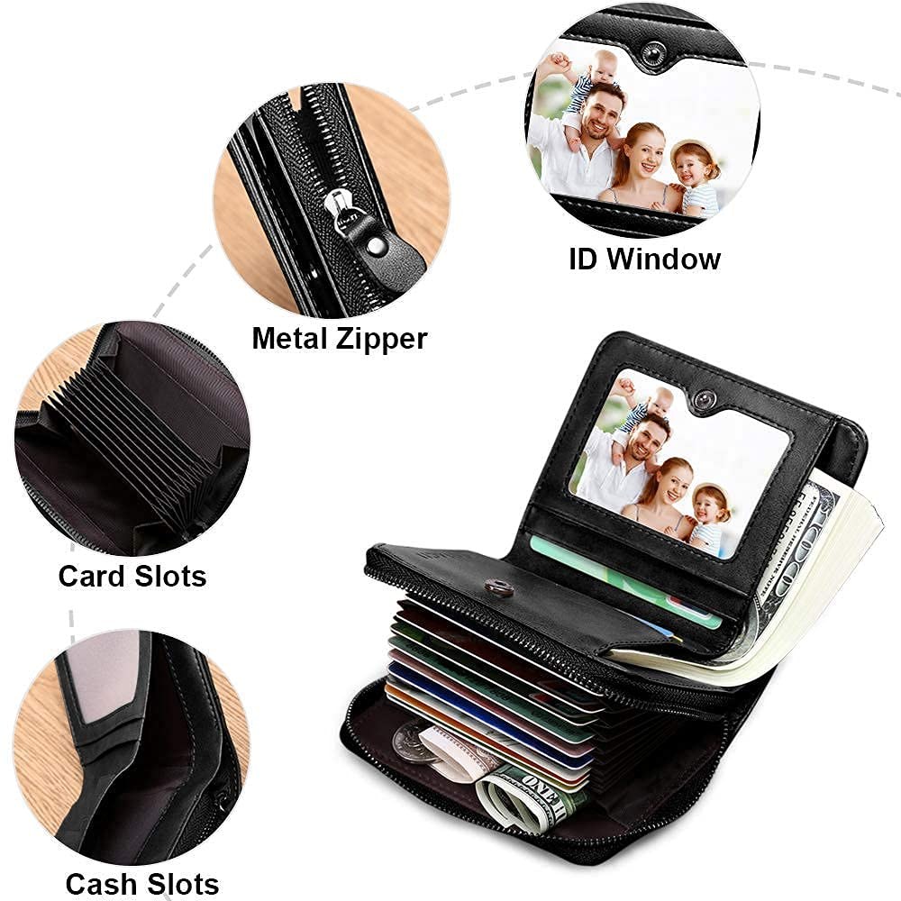 HUANLANG Men's RFID Blocking Leather Bifold Wallet, Black, 19 Card Slots, Zipper, Multi-Card Holder, Men's Wallet