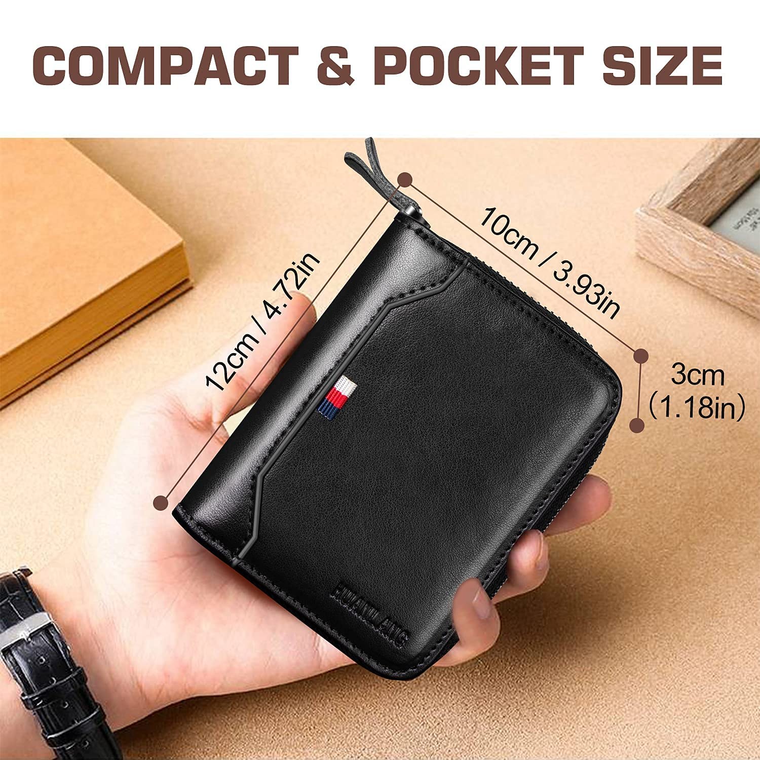 HUANLANG Men's RFID Blocking Leather Bifold Wallet, Black, 19 Card Slots, Zipper, Multi-Card Holder, Men's Wallet