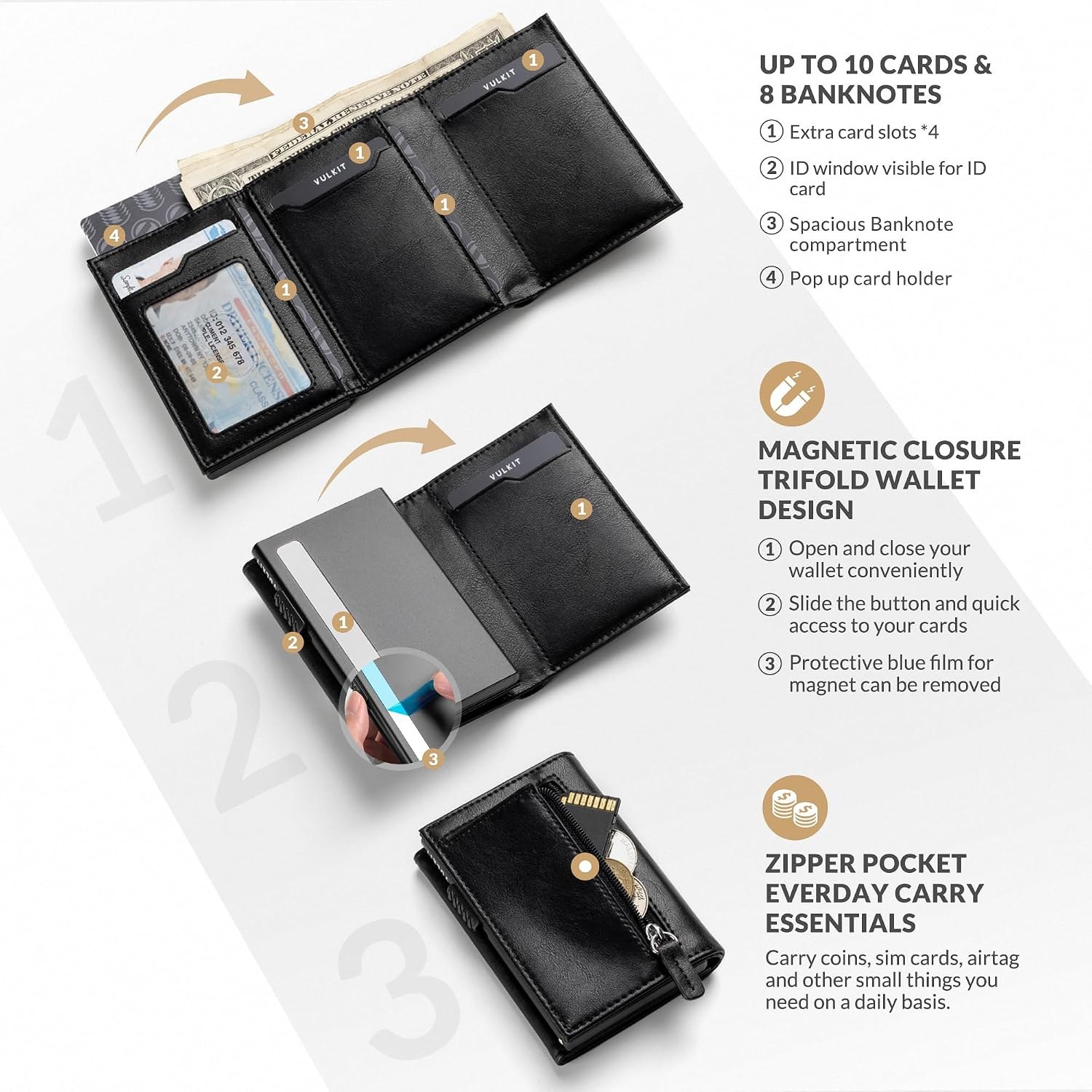 VULKIT Men's Leather Coin Pocket Magnetic Closure Pop Up Cards With ID Window Wallet for Cash & Credit Cards, Black, One Size, Contemporary