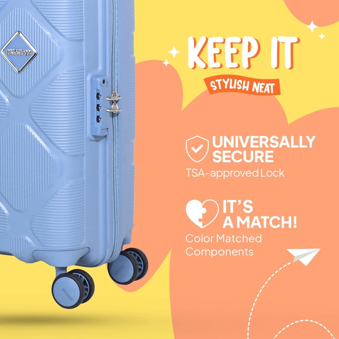American Tourister Instavibe 79 CM Hard Trolley Bag for Travel Large Polypropylene Suitcase with Mounted TSA Lock, 8 Wheels Spinner, Flexi Packing Straps, and Side Hooks for Men & Women - Sky Blue