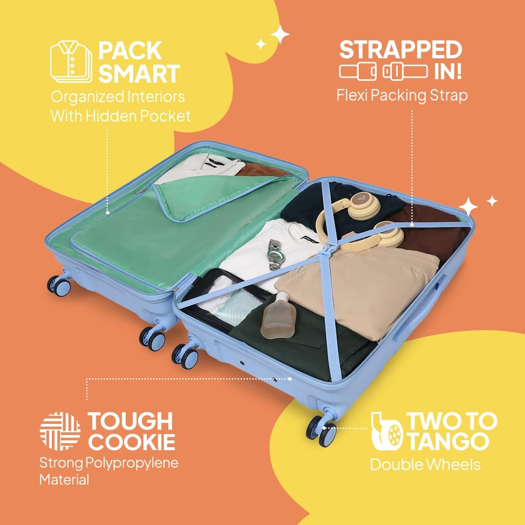 American Tourister Instavibe 79 CM Hard Trolley Bag for Travel Large Polypropylene Suitcase with Mounted TSA Lock, 8 Wheels Spinner, Flexi Packing Straps, and Side Hooks for Men & Women - Sky Blue