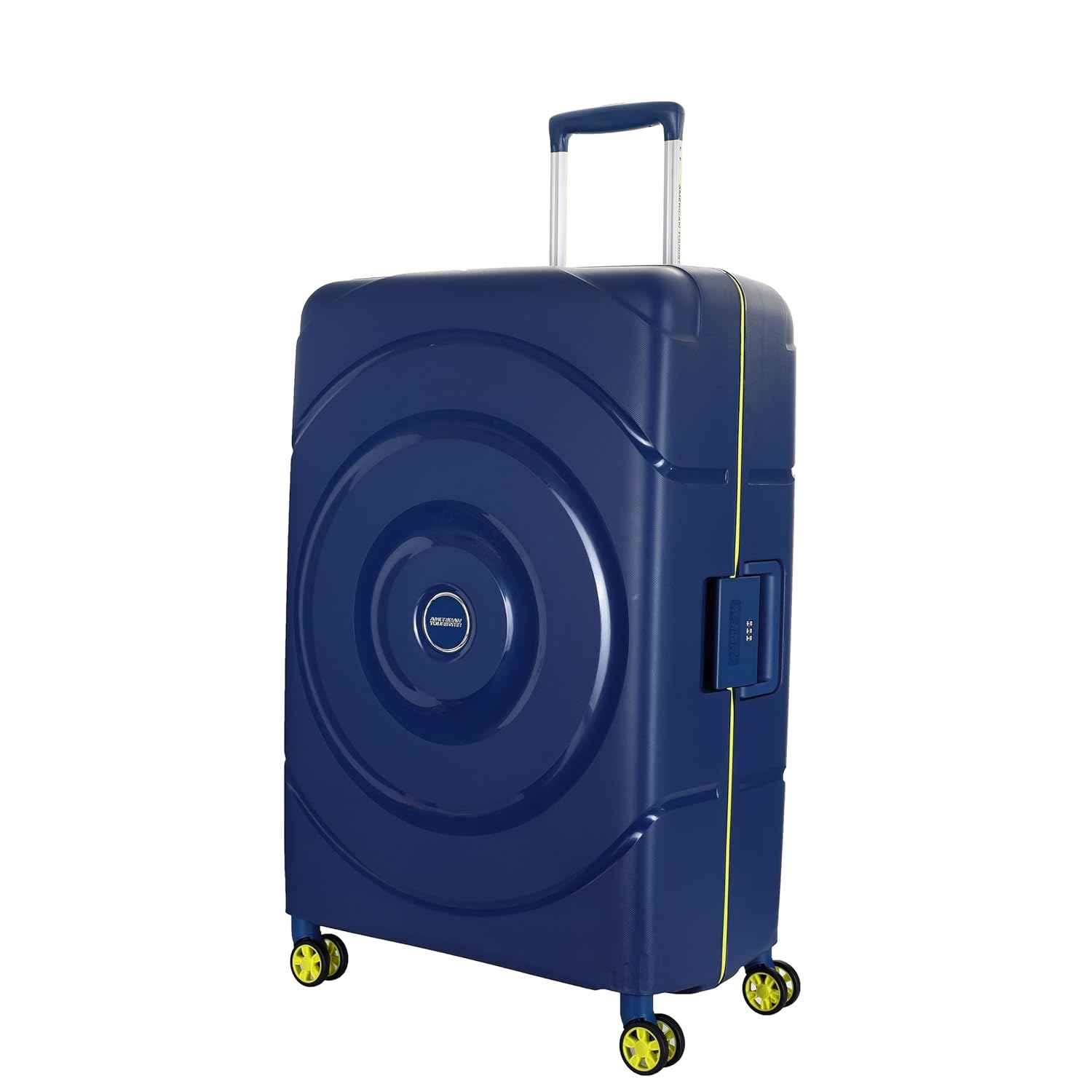 American Tourister Polycarbonate Material Circurity Max 68 cm Small Hardside Cabin Suitcase with Xtrasecu 3-Point Locking System & Double 8 Spinner Wheels for Unisex - Deep Blue